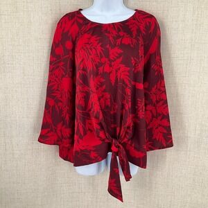 Liz Claiborne Career Womens XL Red Burgundy Floral Tie Front Bell Sleeve Blouse